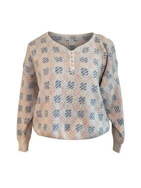 Vintage 80s Cotton Henley Soft & Cozy Coastal Sweater Pastel Geometric Grandma M